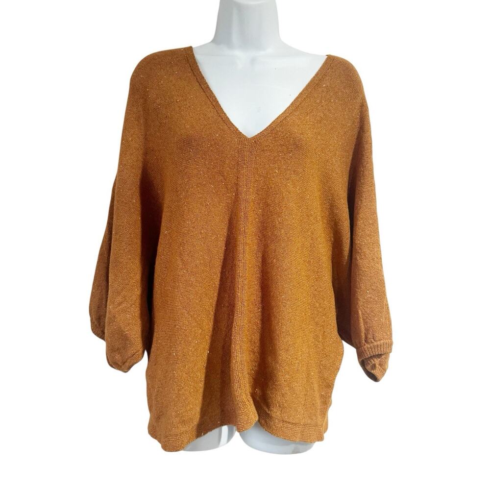 J Jill PureJill V-Neck Sweater Size L Rust Orange Flecked Puff 3/4 Slv Stretch